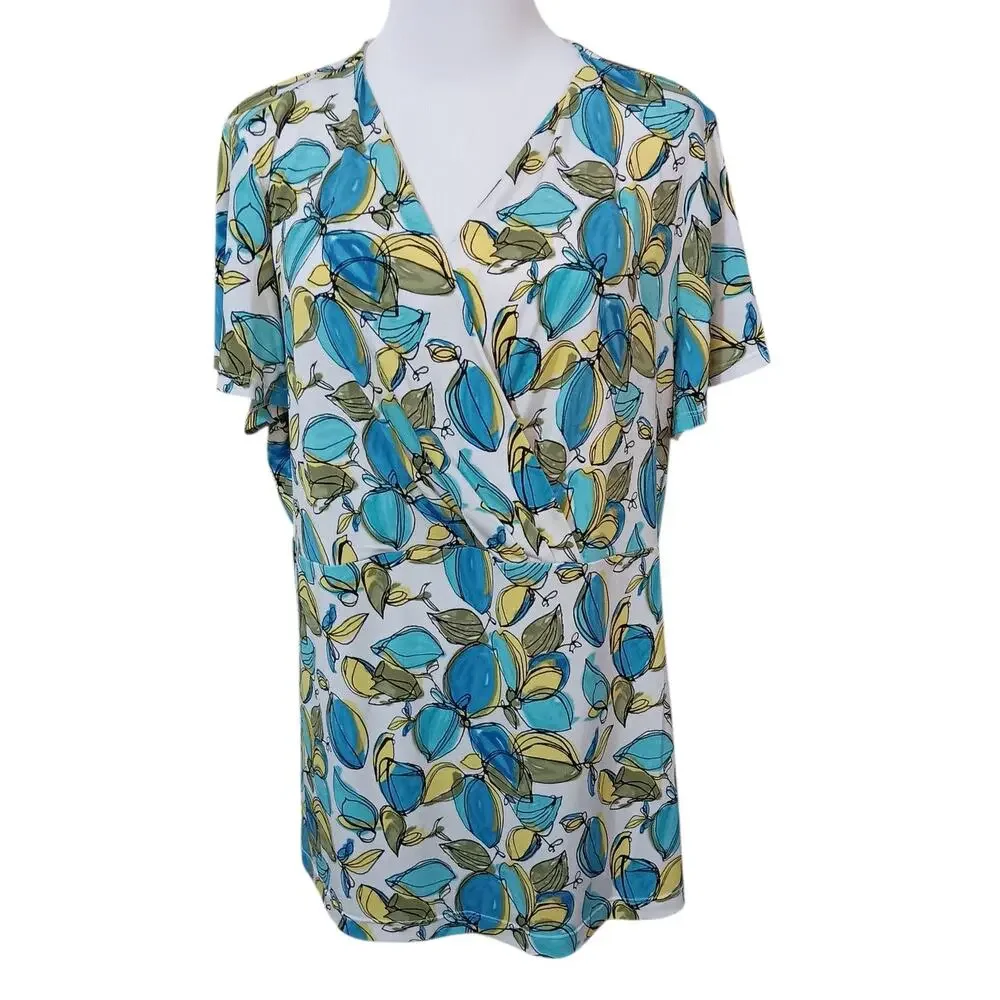 Alfani Beautiful Abstract Floral Blouse Top Plus 2X Stretchy Short Sleeves VNeck